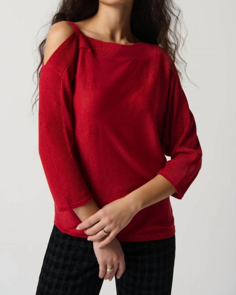 Front of a model wearing a size L Sweater Knit One-Shoulder Top in Lipstick Red in Lipstick Red by Joseph Ribkoff. | dia_product_style_image_id:346147